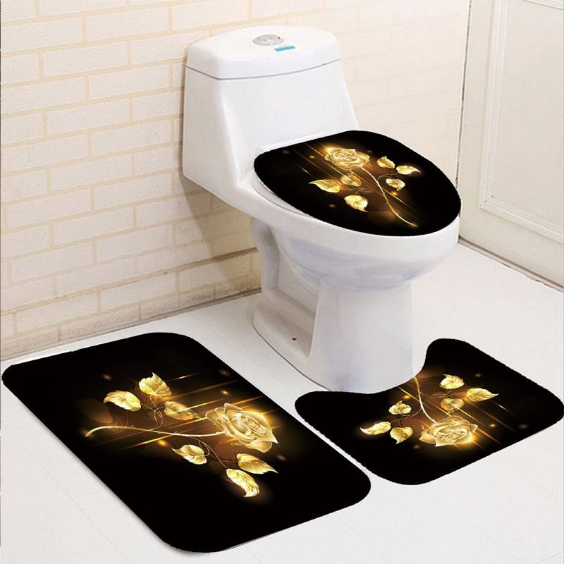 Blooming Flowers Rose Butterfly Shower Curtain Set Waterproof Bathroom Toilet Seat Cover Bath Non-Slip Mat Rug Carpet Bath Decor