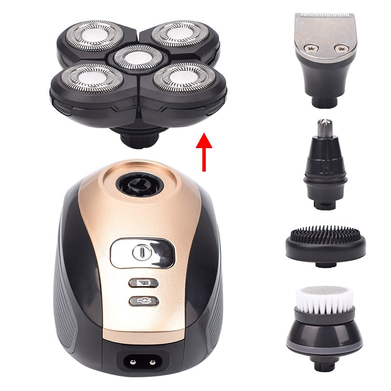 5 In 1 4D Men&#39;s Rechargeable Bald Head Electric Shaver 5 Floating Heads Beard Nose Ear Hair Trimmer Razor Clipper Facial Brush