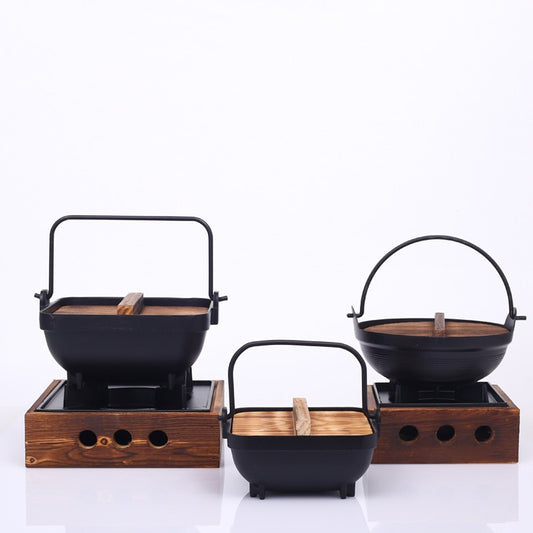 Sukiyaki Iron Pot with Wooden Lid Japanese Design Shabu Hot Pot Hanging Stove Restaurant Cooking Set