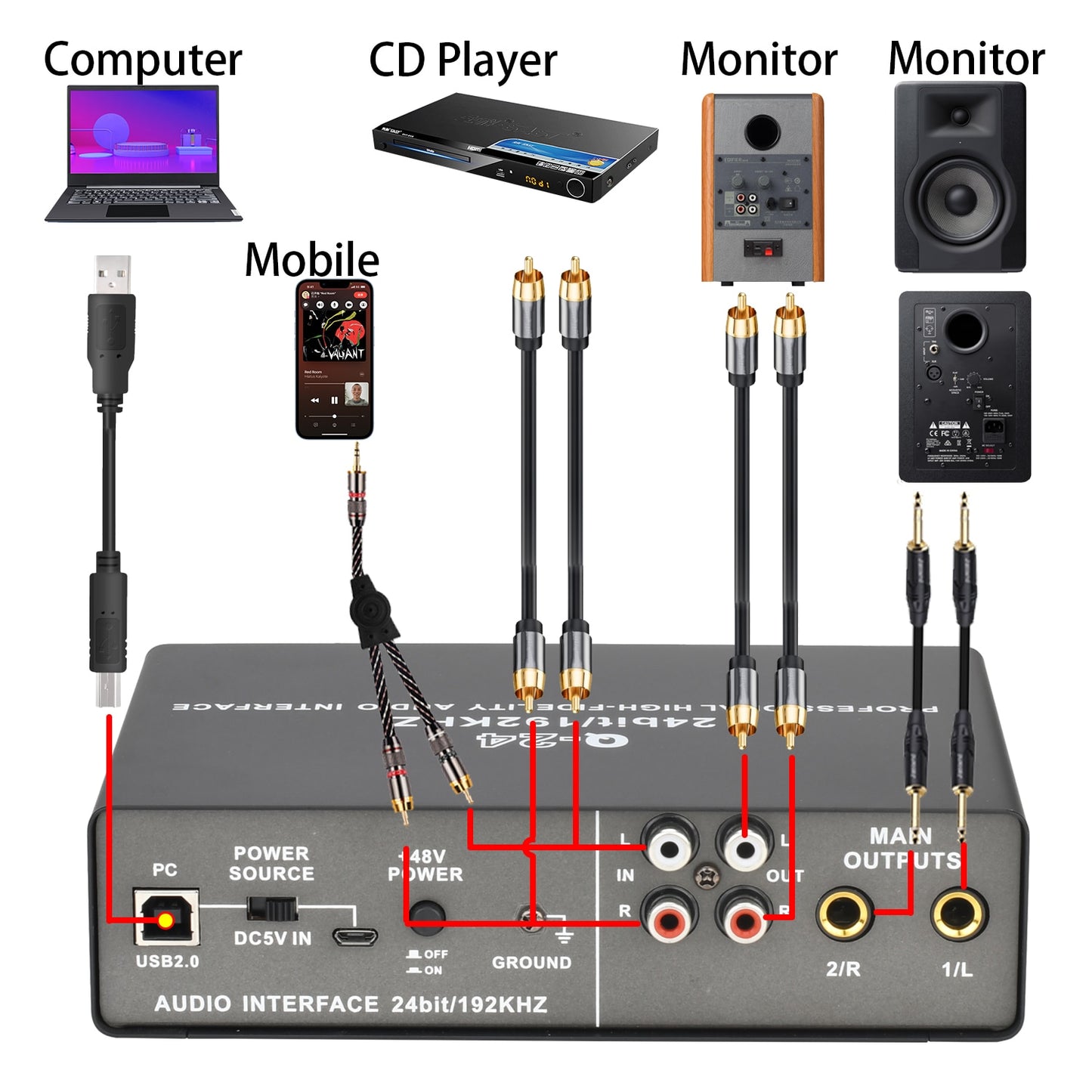 Professional Audio Interface Sound Card with Monitoring Electric Guitar Live Recording Audio Extractor For Studio Singing Q24