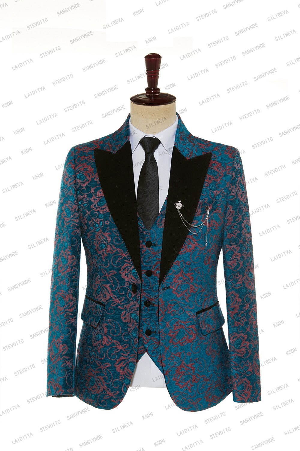 2023 Suit Men Business Wedding Dress Blue Red Jacquard Black Velvet Lapel Banquet High End Slim Fit Jacket Vest Pants 3 Pcs Set