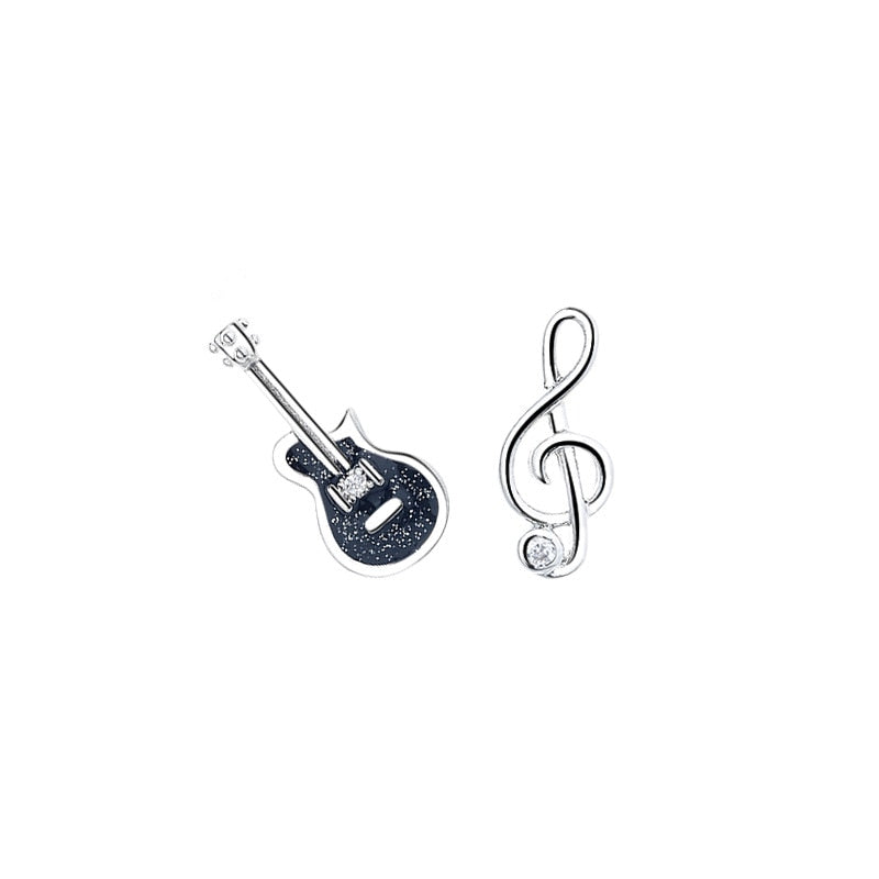 VOQ Silver Color Cute Violin Guitar Note Stud Earrings Zircon Asymmetric Musical Instrument Earrings Women&#39;s Fine Jewelry Gifts