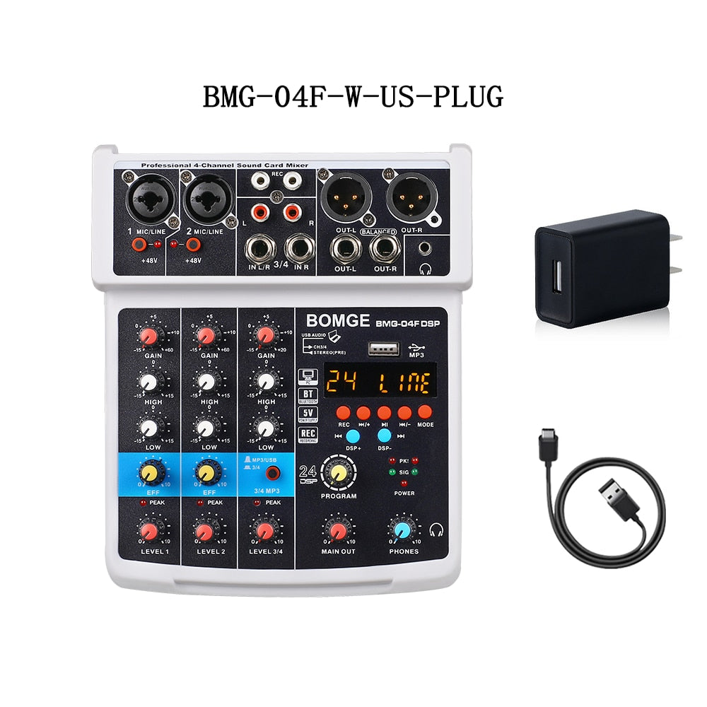 4 Channels Audio Sound Mixer Mixing DJ Console USB with 48V Phantom Power 16 DSP Effects