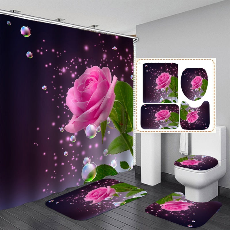 Blooming Flowers Rose Butterfly Shower Curtain Set Waterproof Bathroom Toilet Seat Cover Bath Non-Slip Mat Rug Carpet Bath Decor