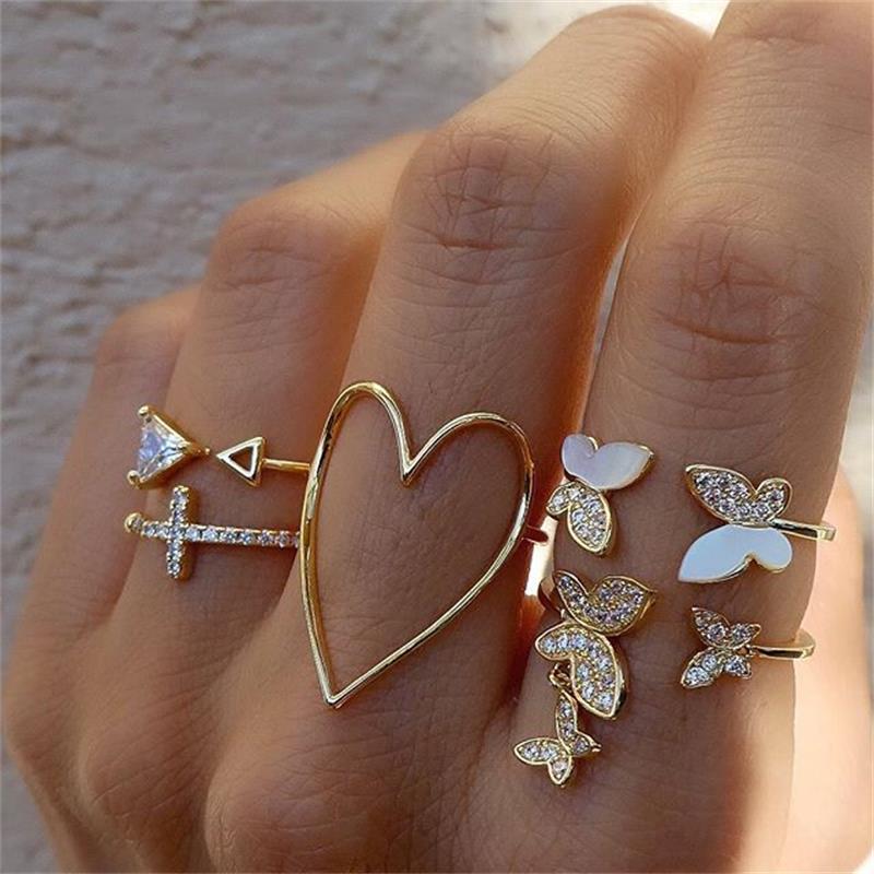 5Pcs/10Pcs Imitation Pearl Leaf Flower Rings Set For Women Rhinestone Butterfly Finger Ring Metal Knuckle Finger Ring Jewelry