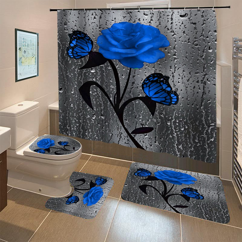 Blooming Flowers Rose Butterfly Shower Curtain Set Waterproof Bathroom Toilet Seat Cover Bath Non-Slip Mat Rug Carpet Bath Decor