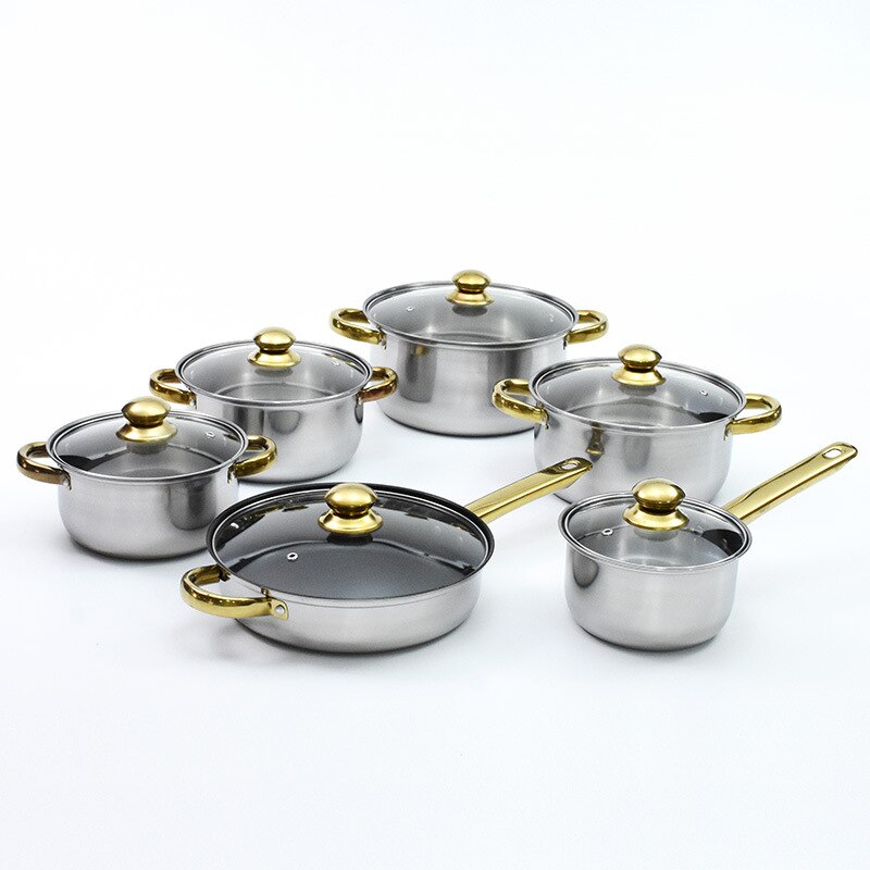 Stainless steel pot Golden handle kitchen daily pan cooking soup pot milk pot 6 pieces set