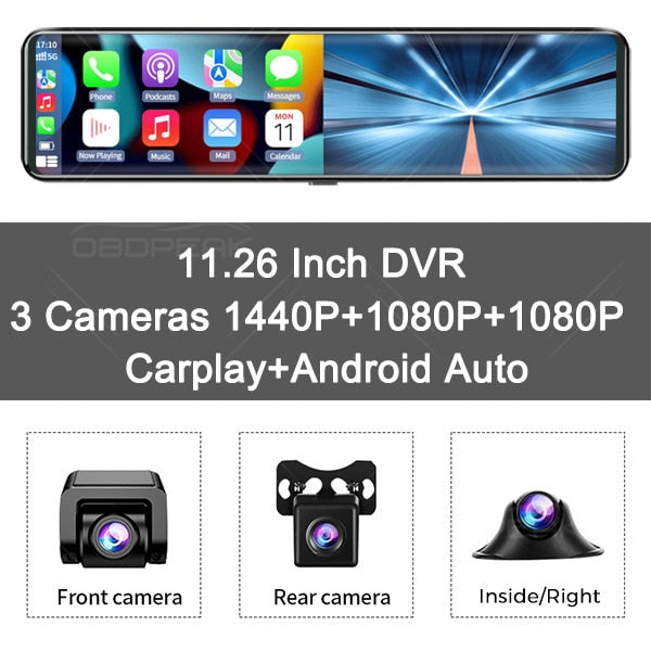 3 Cameras Dash Cam Carplay &amp; Android Auto 2.5k 2560*1440P Rearview Mirror Video Recording WIFI Loop Record Phone APP Car DVR