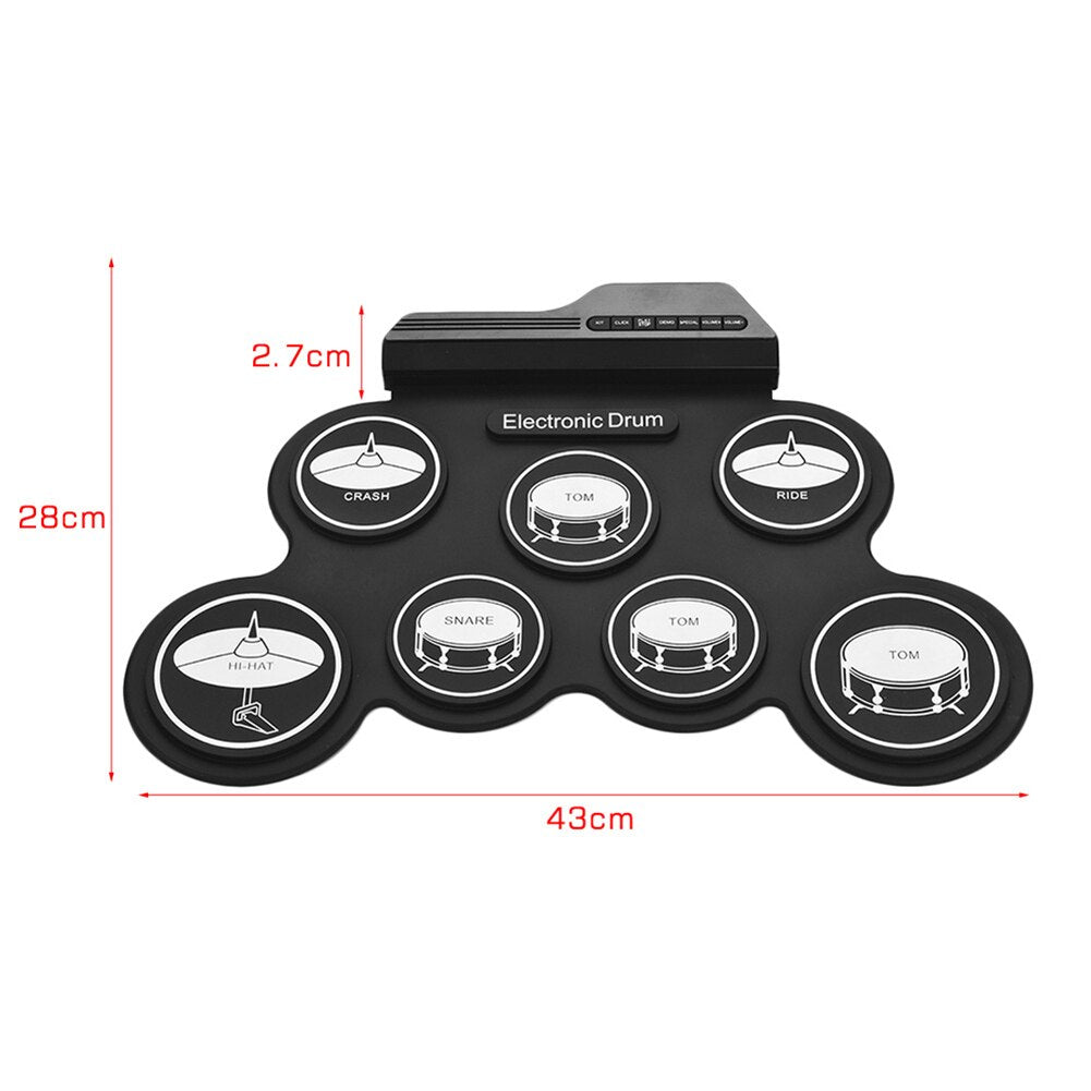 Digital Electronic Drum Set With Drumsticks Foot Pedals 7 Pads USB Portable Roll Up Silicone Drum Kit for Beginners Music Lovers