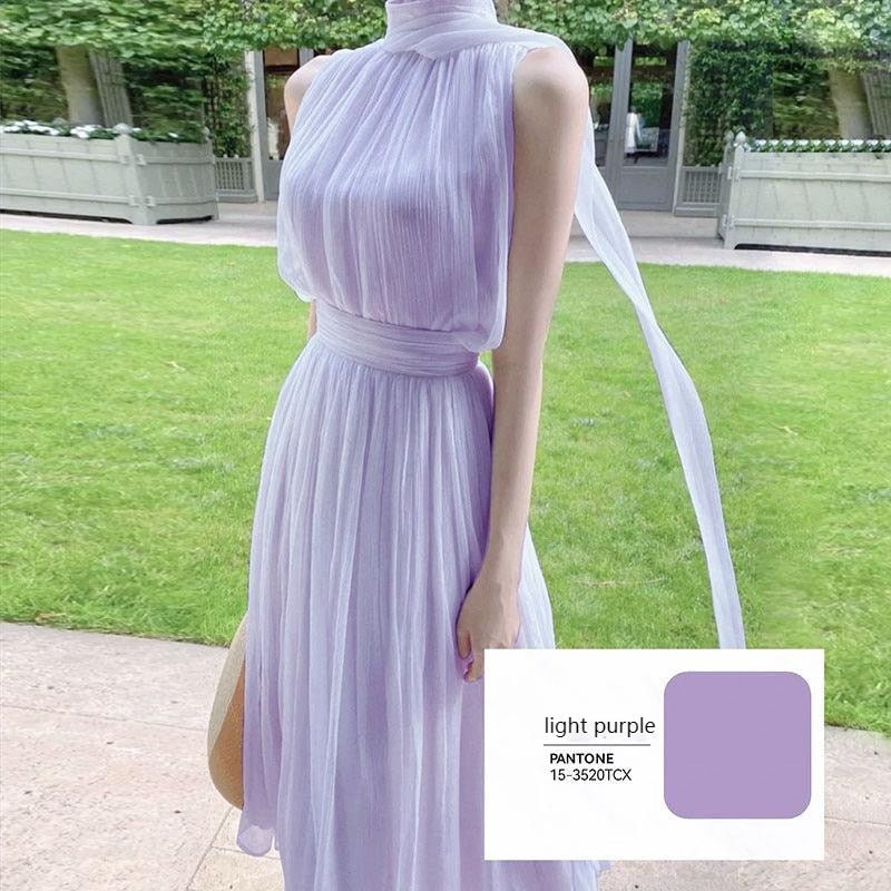 Summer Elegant Women&#39;s Long Dress Gentle High Collar Sleeveless Solid Chiffion Midi Dress Fashion Sexy Korea Sundress Plus Size