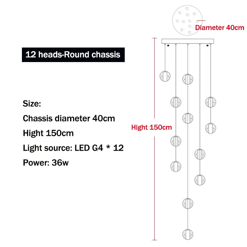 Modern LED Crystal Chandelier G4 Ball Light for Staircase Living Room Decoration Kitchen Bedroom Suspension Pendant Hanging Lamp