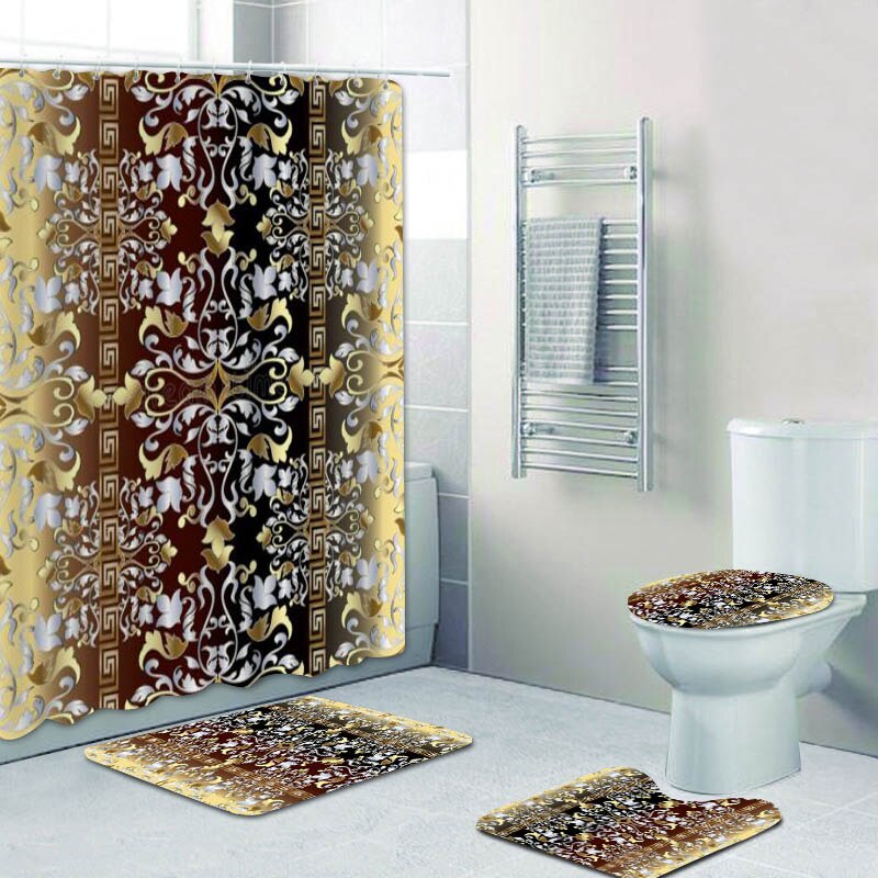 Geometric Grecian Key Meander Mandala Pattern Shower Curtain and Rug Set Abstract Geometric Bathroom Mats Rugs Toilet Decor Mat