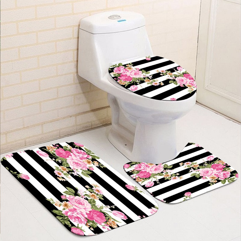 Blooming Flowers Rose Butterfly Shower Curtain Set Waterproof Bathroom Toilet Seat Cover Bath Non-Slip Mat Rug Carpet Bath Decor