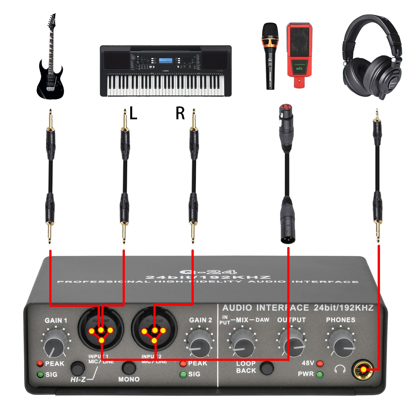 Professional Audio Interface Sound Card with Monitoring Electric Guitar Live Recording Audio Extractor For Studio Singing Q24