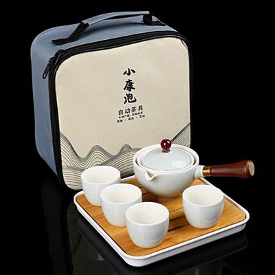 Porcelain Chinese Gongfu Tea Set Portable Teapot Set with 360 Rotation Tea Maker and Infuser Portable All in One Gift Bag