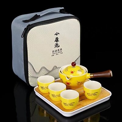 Porcelain Chinese Gongfu Tea Set Portable Teapot Set with 360 Rotation Tea Maker and Infuser Portable All in One Gift Bag