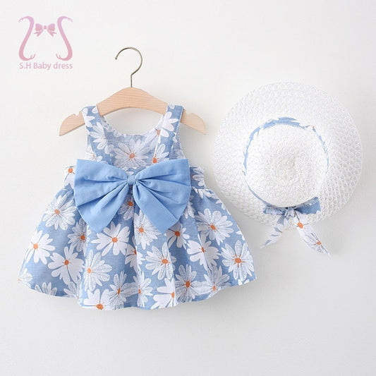 2pcs Daisy Dress For Girls Summer Sweet Bow Baby Beach Dresses Newborn Kids Clothes 0 To 3 Years Old Children + Hat