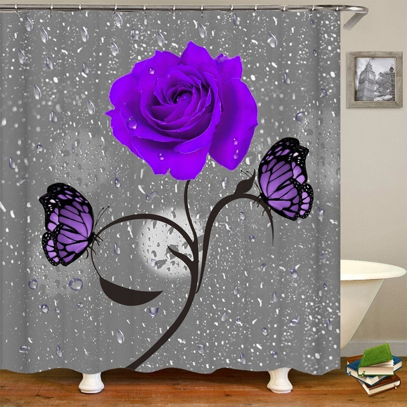 Blooming Flowers Rose Butterfly Shower Curtain Set Waterproof Bathroom Toilet Seat Cover Bath Non-Slip Mat Rug Carpet Bath Decor