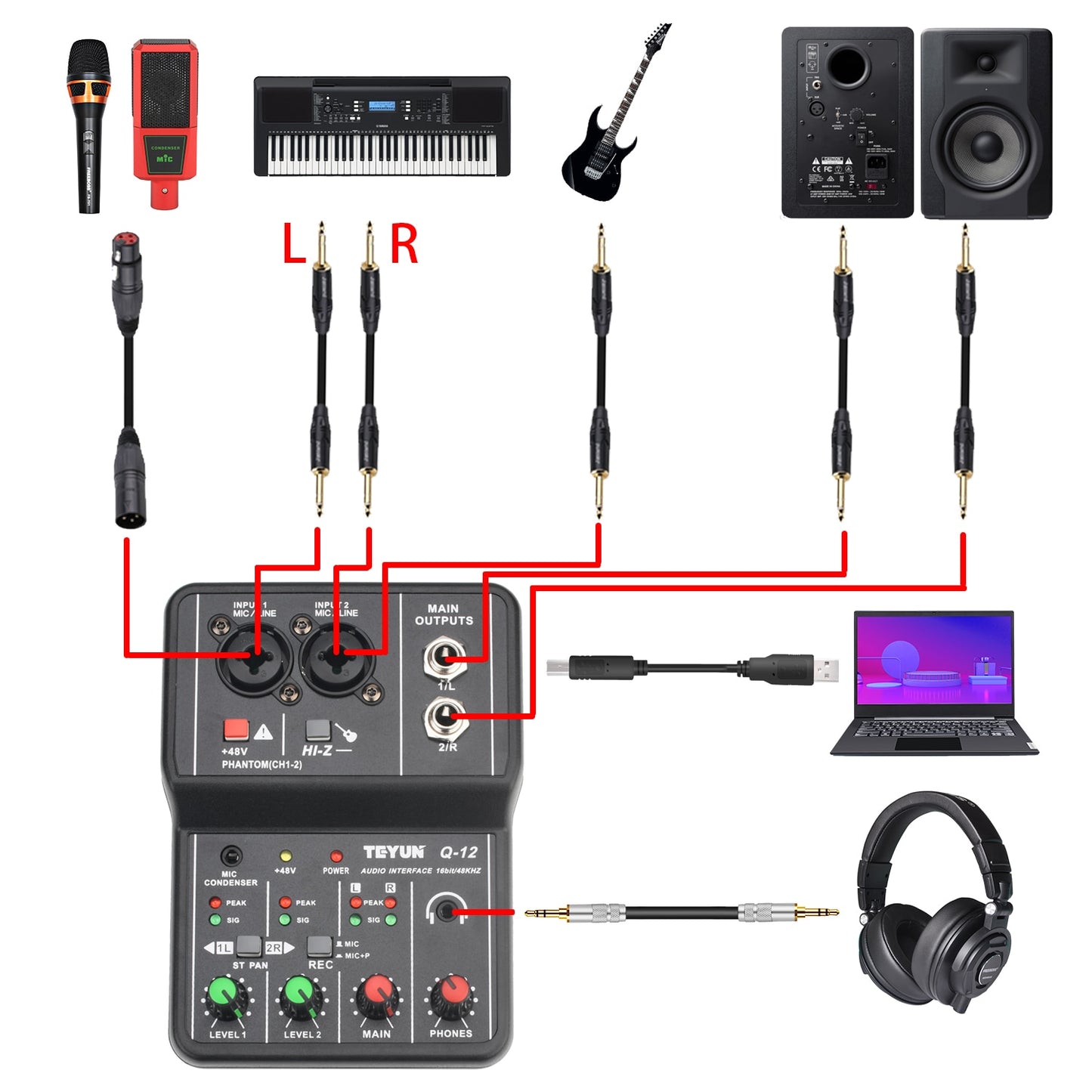 Universal Professional Audio Interface Sound Card Computer Electric Guitar Studio Singing Q12 Audio Equipment