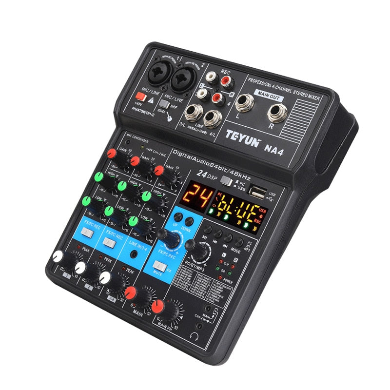 TEYUN NA4 4 Channel Bluetooth Mini Audio Mixer Sound Card DJ 16 Digital Effects Noise Reduction Console USB Record For Singing