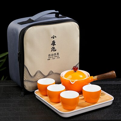 Porcelain Chinese Gongfu Tea Set Portable Teapot Set with 360 Rotation Tea Maker and Infuser Portable All in One Gift Bag