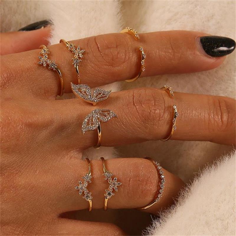 5Pcs/10Pcs Imitation Pearl Leaf Flower Rings Set For Women Rhinestone Butterfly Finger Ring Metal Knuckle Finger Ring Jewelry