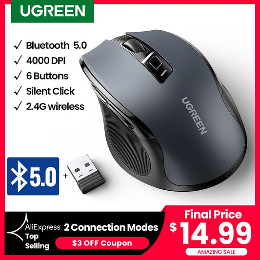 UGREEN Wireless Mouse Bluetooth 5.0 2.4G Dual Mode Mice Ergonomic 4000 DPI 6 Mute Button For MacBook iPad Tablet Laptop PC Mouse