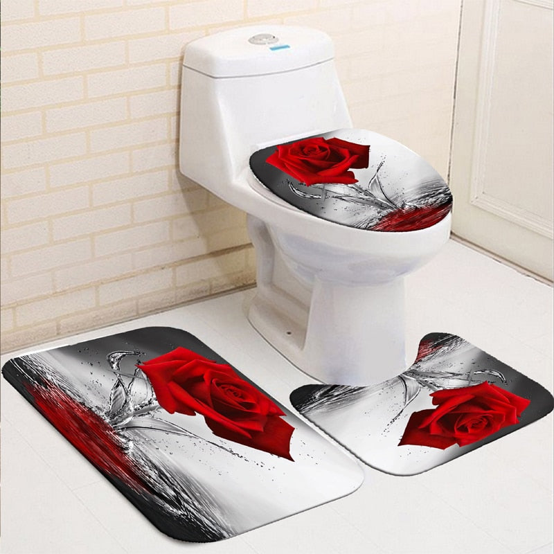 Blooming Flowers Rose Butterfly Shower Curtain Set Waterproof Bathroom Toilet Seat Cover Bath Non-Slip Mat Rug Carpet Bath Decor