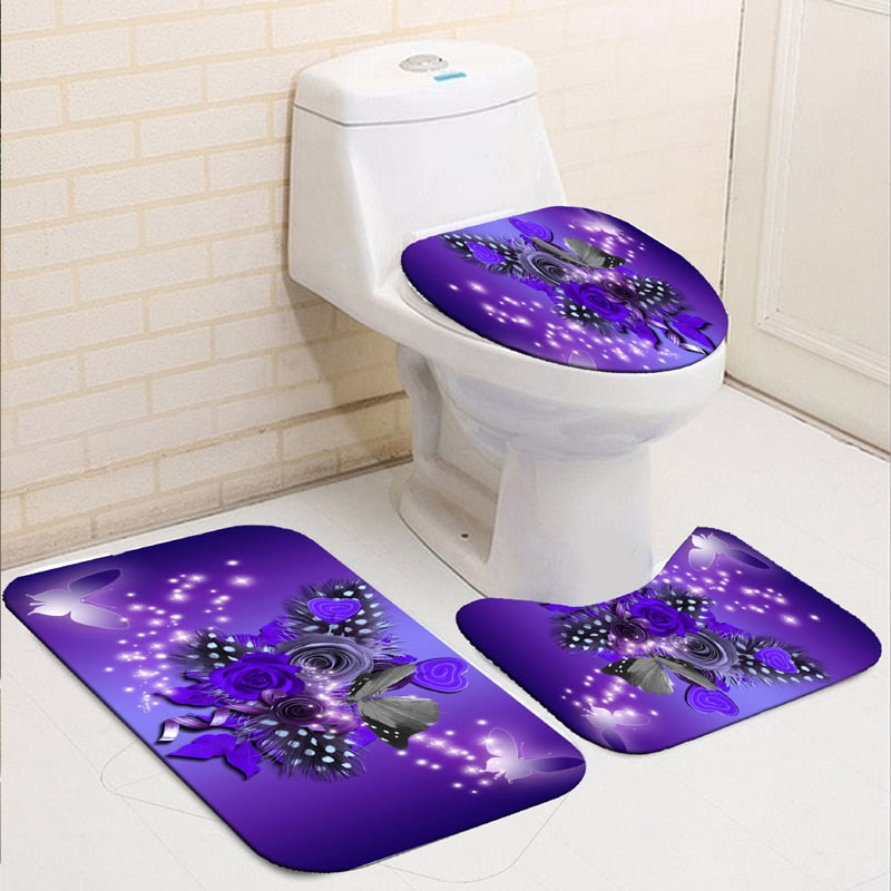 Blooming Flowers Rose Butterfly Shower Curtain Set Waterproof Bathroom Toilet Seat Cover Bath Non-Slip Mat Rug Carpet Bath Decor