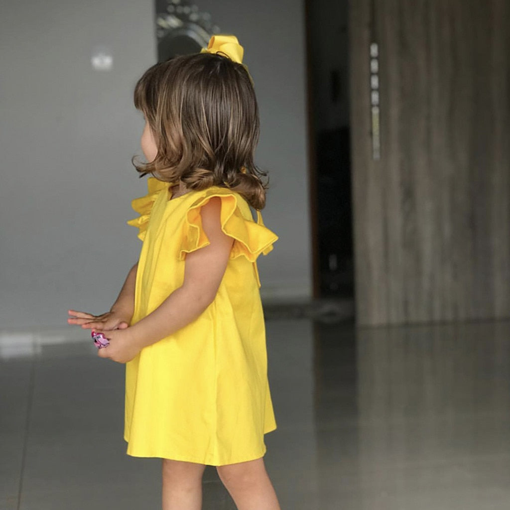 3M-24M Infant Dress 2022 Summer Fashion Cotton Yellow Fashion Kids Clothes Baby Girls Fly Sleeve Solid Bow Dress Clothes Dresses