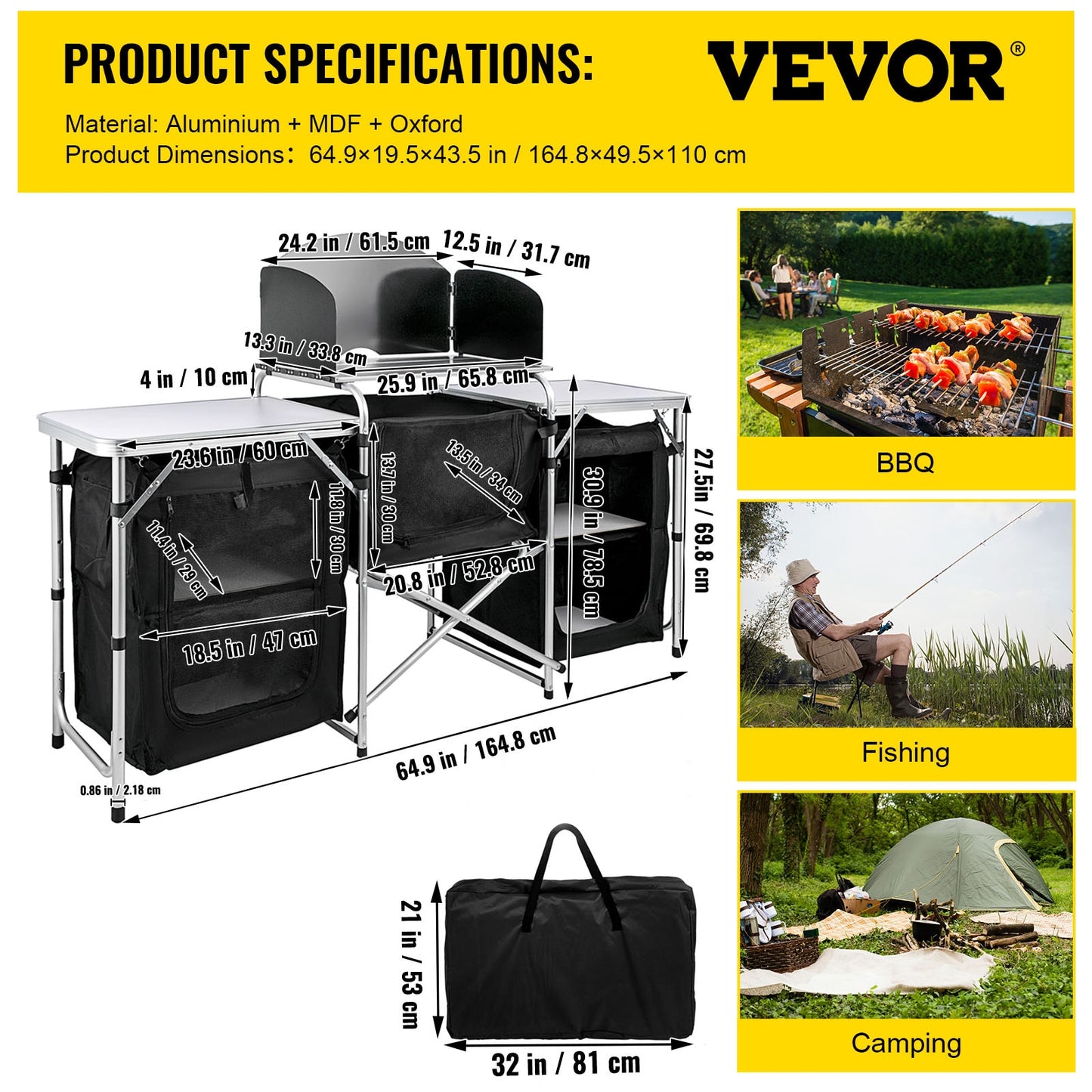 VEVOR Camping Outdoor Kitchen Table Cabinet Foldable Folding Cooking Storage Rack X-Shaped Aluminum Alloy Bracket for BBQ Picnic