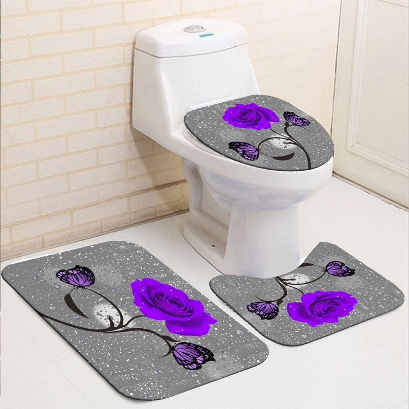 Blooming Flowers Rose Butterfly Shower Curtain Set Waterproof Bathroom Toilet Seat Cover Bath Non-Slip Mat Rug Carpet Bath Decor