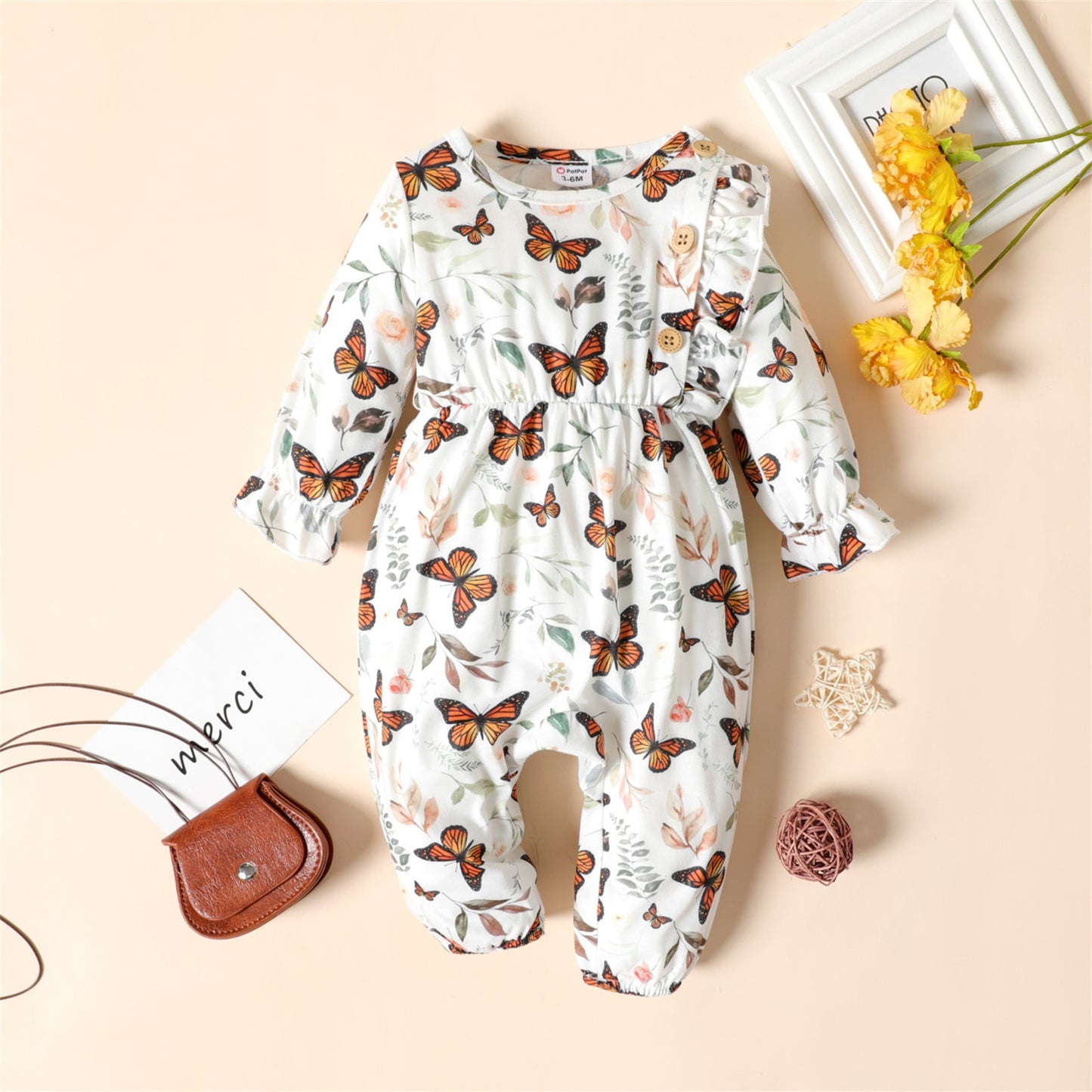 PatPat Baby Girl Long-sleeve Jumpsuit Baby Romper Spring and Summer Baby Girls Newborn Clothings Brown/White Butterfly Ruffle