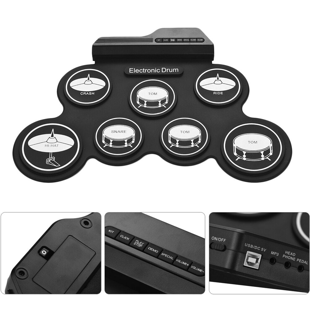 Digital Electronic Drum Set With Drumsticks Foot Pedals 7 Pads USB Portable Roll Up Silicone Drum Kit for Beginners Music Lovers