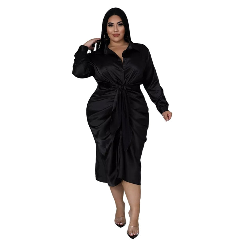 Elegant Satin Plus Size Women Shirt Dress Sexy Ruched Long Sleeve Lace Up Evening Party Midi Drerss Vestido Africano Feminino