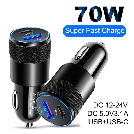 70W PD Car Charger USB Type C Fast Charging Car Phone Adapter for iPhone 14 13 12 Xiaomi Huawei Samsung S21 S22 Quick Charge