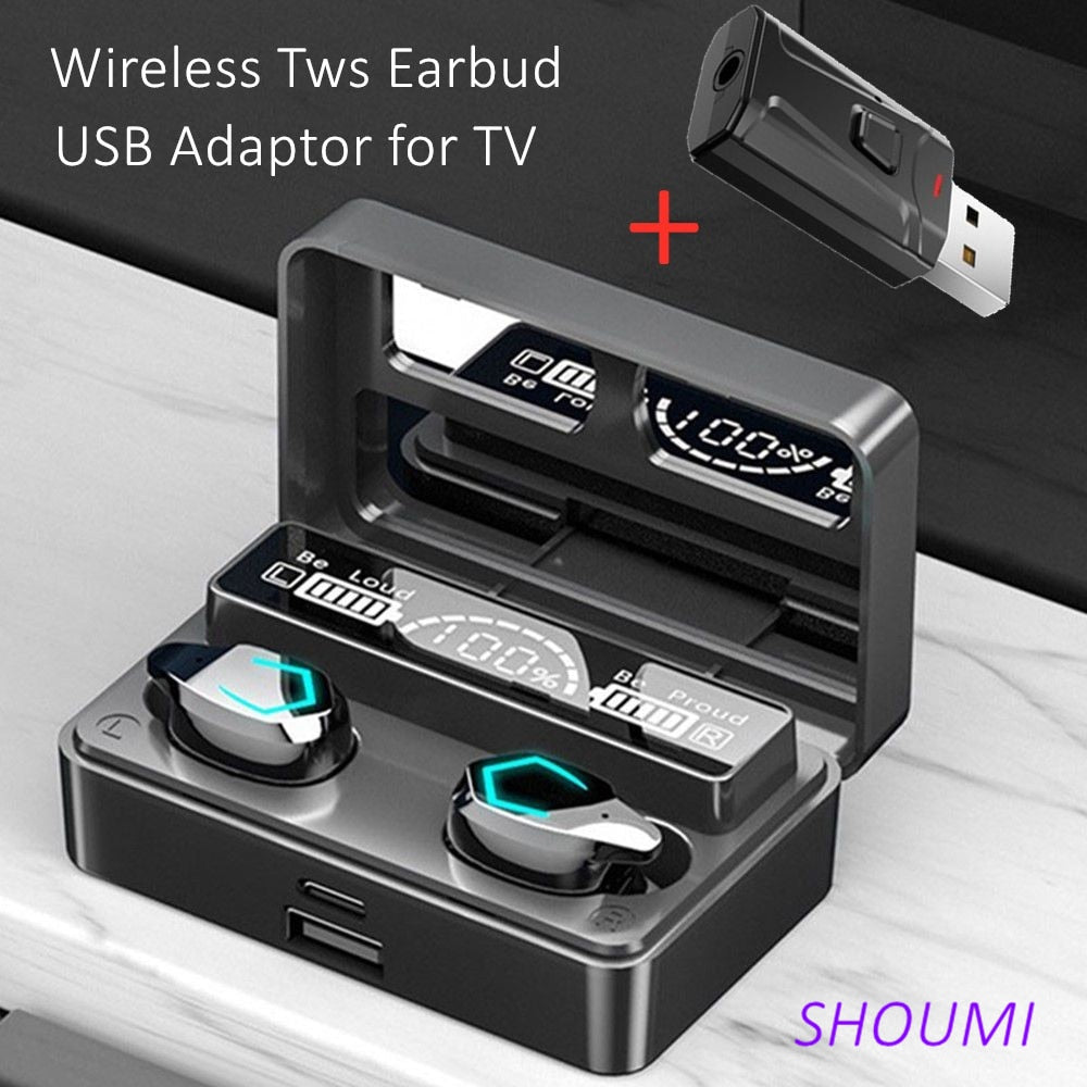 Wireless Tv Earbud Tws Bluetooth Headset with USB Adaptor 9D Stereo Earphone CVC Noise Cancelling 3000mA Charging Box Mic for TV
