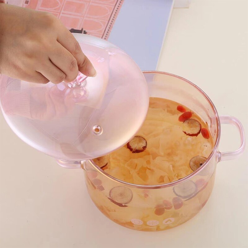 INS Cute High-value Love Pink Glass Pan High Borosilicate Heat-resistant Binaural Soup Pot Open Fire Instant Noodle Cooking Pot