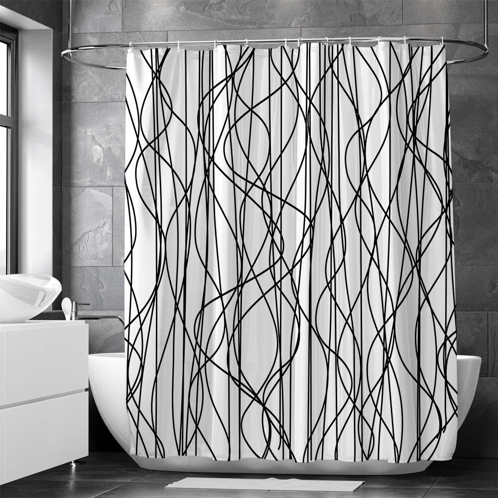 Black and White Lines Shower Curtain Bathroom Curtain Frabic Waterproof Polyester Bathroom Curtain with Hooks Cortina Baño