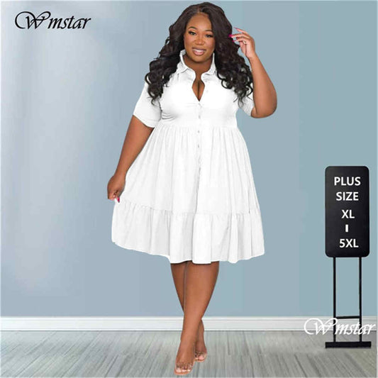 Wmstar Plus Size Summer Dresses Women's Clothing Solid Elegant Casual Cute Ball Gown Shirts Mini Dress Wholesale Dropshipping