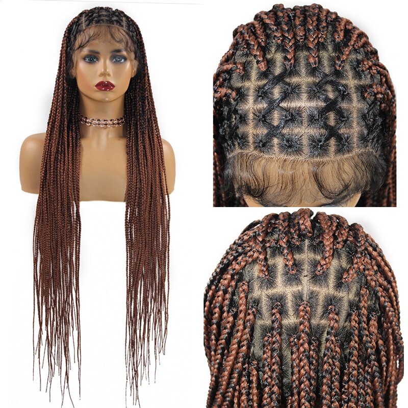 360 Knotless Braids Full Lace Wig 36&#39;&#39; Long Box Braided Lace Front Wigs with Baby Hair Ombre Synthetic Lace Frontal Women&#39;s Wig