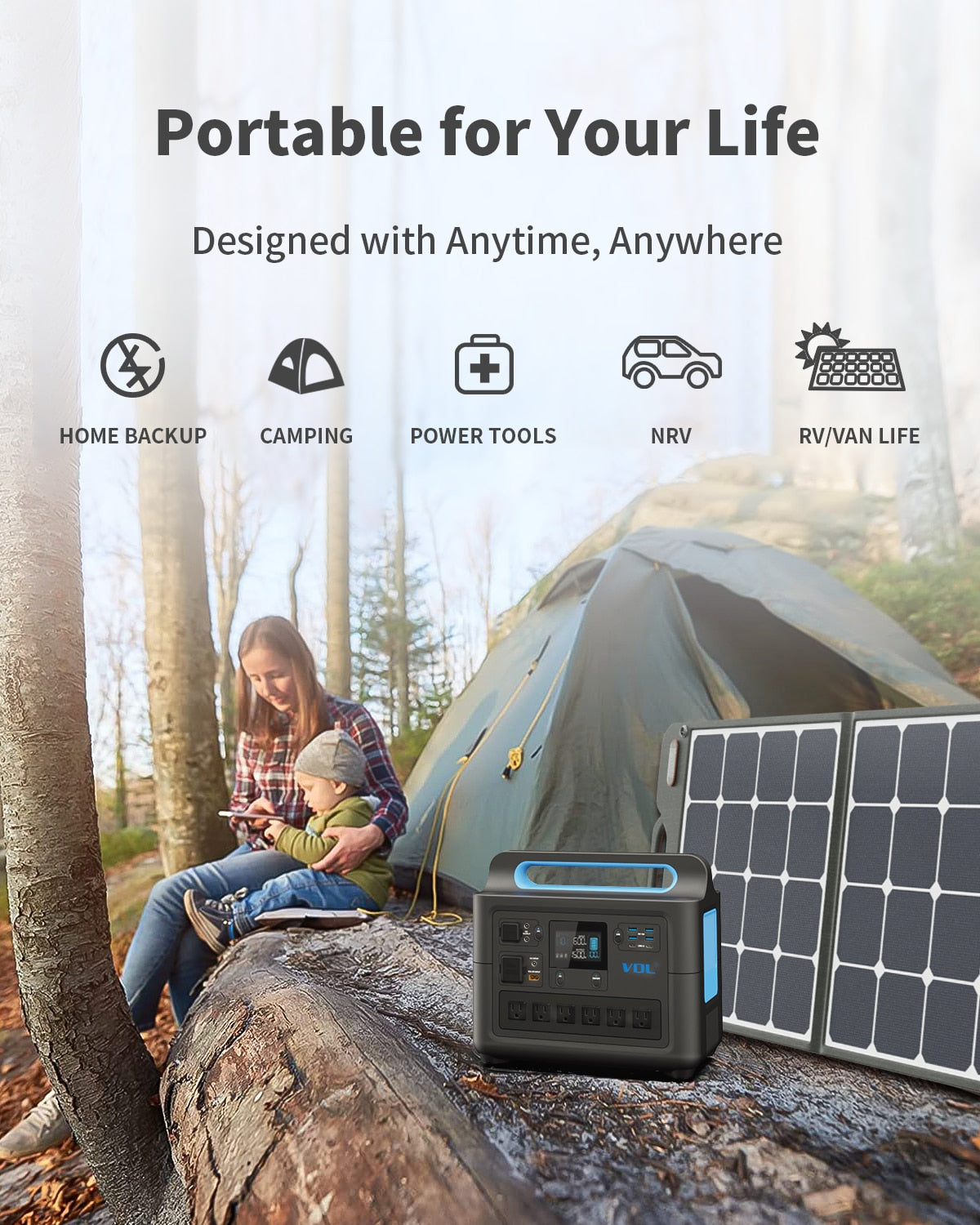 VDL Portable Power Station 1228Wh/1500W, 120V-220V Pure Sinewave AC Outlets powerful power bank for Home Use Outdoor Camping RV