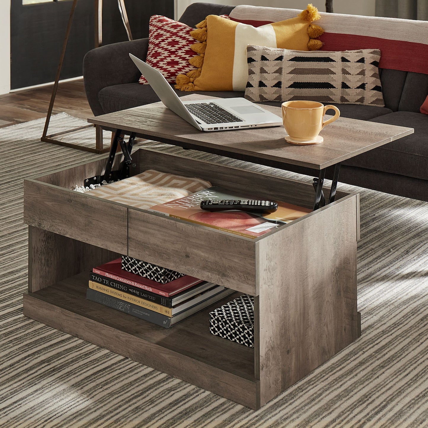 Brindle Wood Rectangular Lift Top Coffee Table, Espresso Furniture Living Room Coffee Tables  Bed Side Table