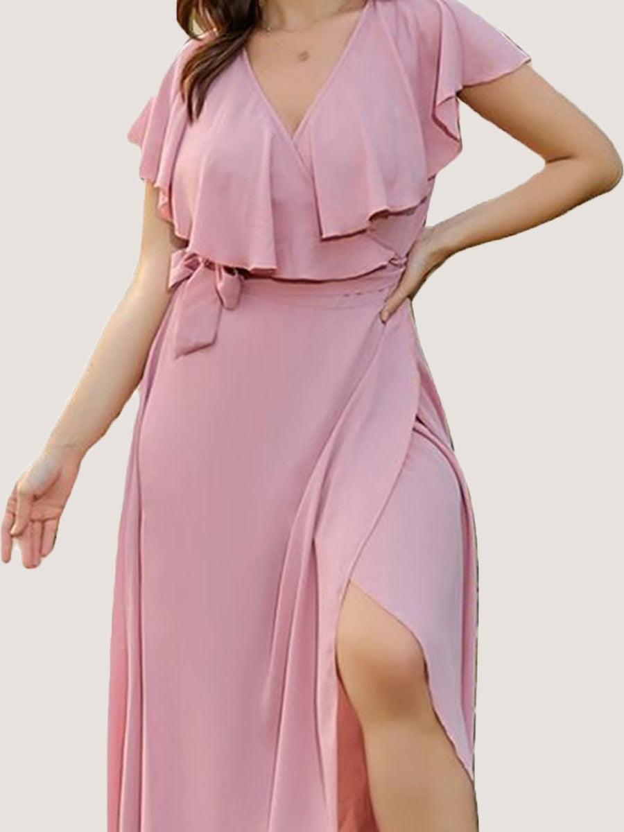 Finjani Party Dresses For Women 2022 Plus Size Summer Midi Dress V-Neck Solid Ruffle Sleeve Belted Wrap Dress