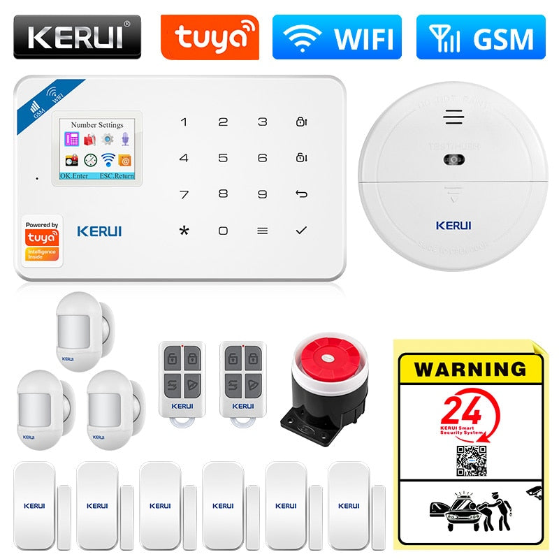 KERUI Tuya Smart WIFI GSM Security Alarm System Works With Alexa Home Burglar Motion Detector Smoke Door Window Sensor IP Camera