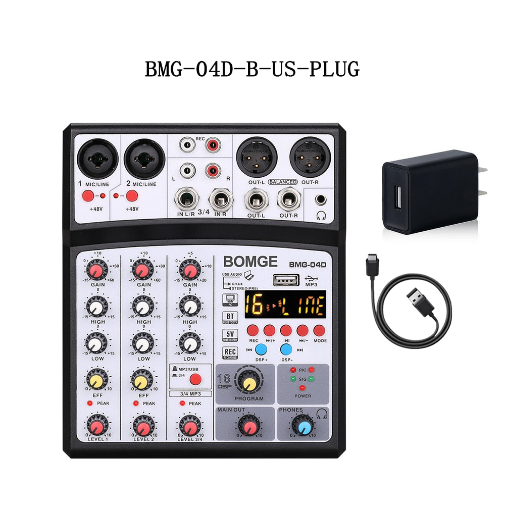 4 Channels Audio Sound Mixer Mixing DJ Console USB with 48V Phantom Power 16 DSP Effects