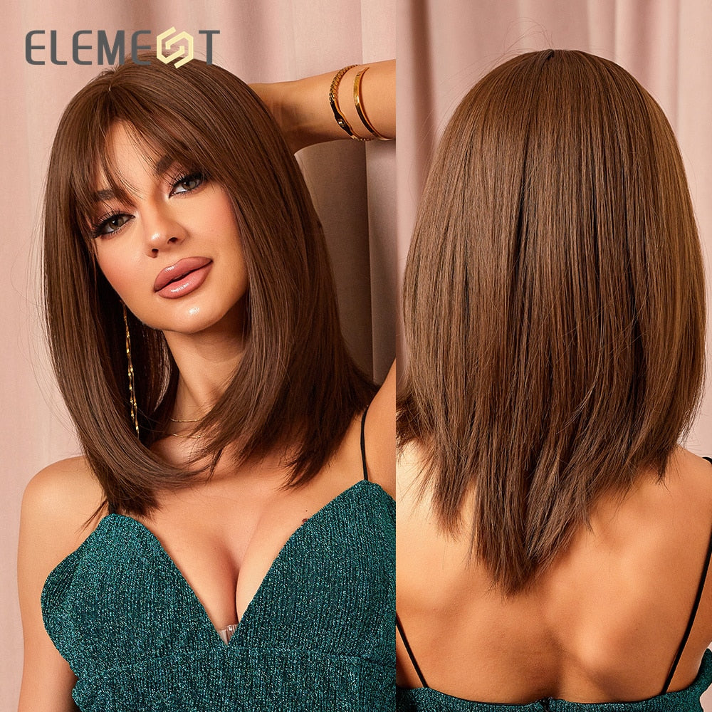 Element Synthetic Fiber Wigs for Women Long Straight Wavy Brown Blonde Wig with Bangs Heat Resistant Fashion Natural Daily Party