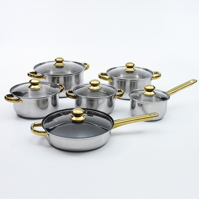 Stainless steel pot Golden handle kitchen daily pan cooking soup pot milk pot 6 pieces set