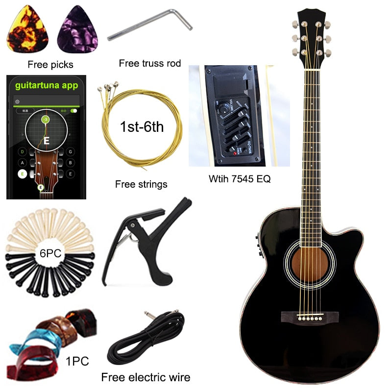 Thin Body Acoustic Electric Guitar Beginner Guitar with Free Gig Bag Free String Black Natural Sunburst White Color