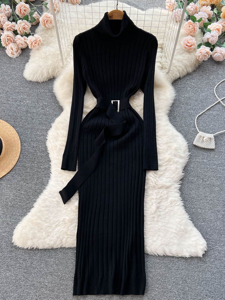 YuooMuoo Limited Big Sales Women Dress Autumn Winter Elegant Turtleneck Knitted Sweater Dress with Belt Lady Wrap Hips Bodycon